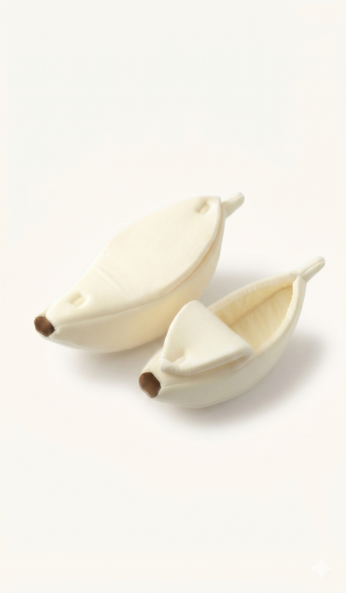 Banana-shaped bed in beige with plush fabric