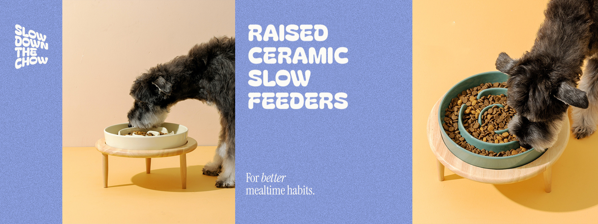Promotional banner for raised ceramic slow feeders for dogs; dog eating from a raised slow feeder 