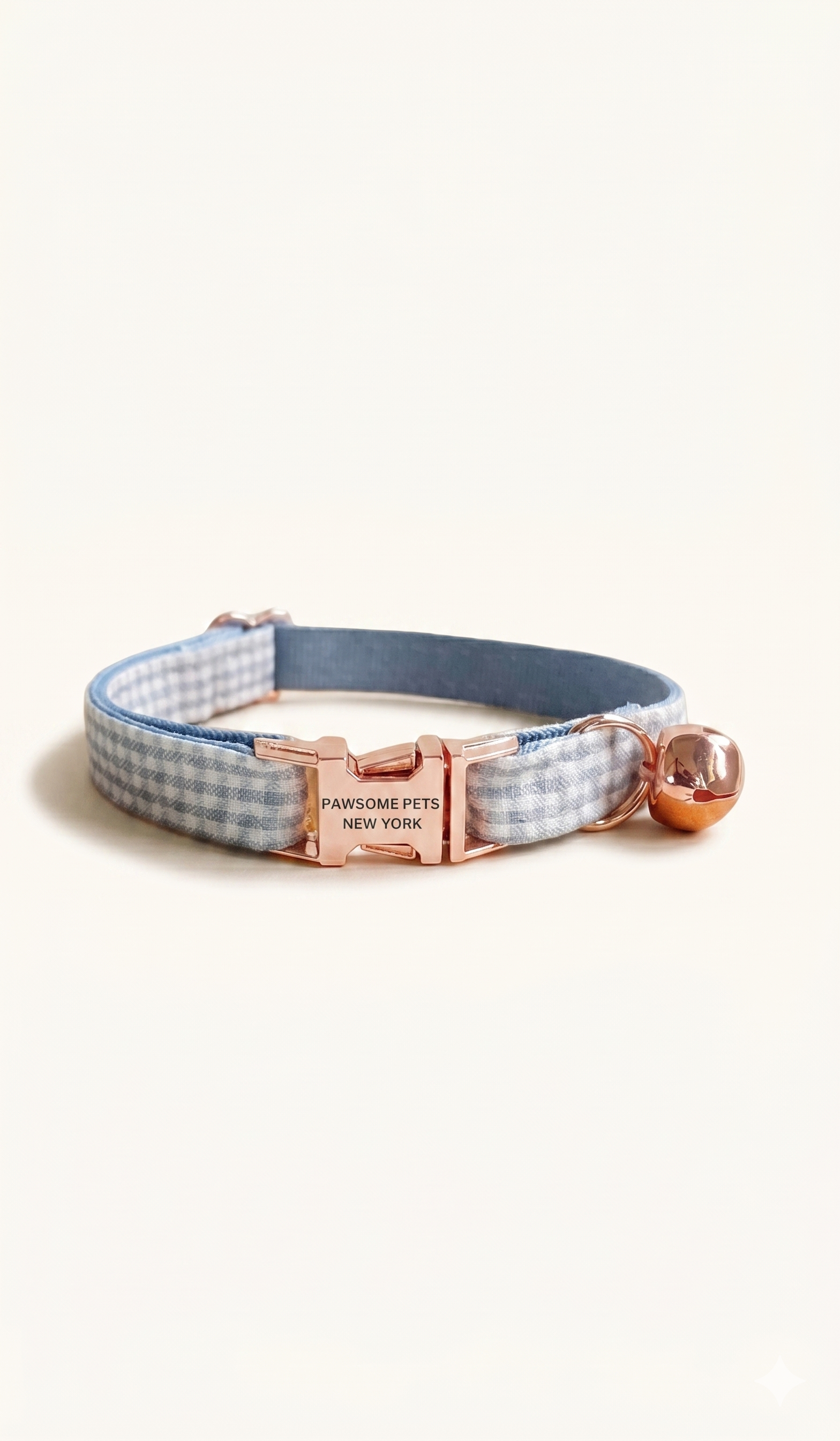 Gingham Pet Collar in Pale Blue, adjustable nylon collar with metal buckle