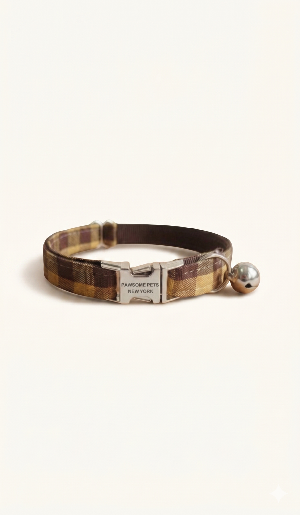 Plaid Pet Collar in brown-yellow, adjustable nylon collar with metal buckle