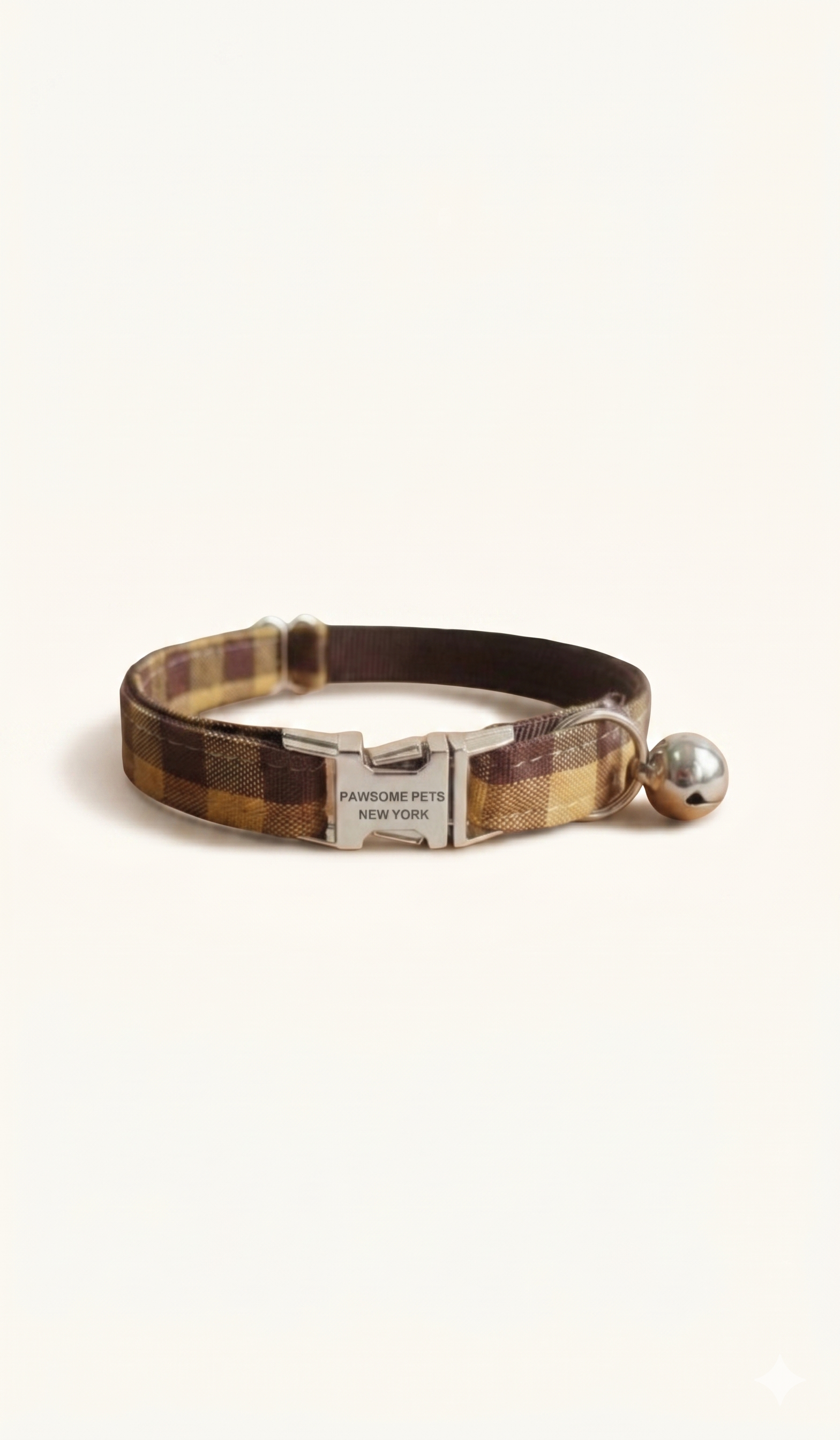 Plaid Pet Collar in brown-yellow, adjustable nylon collar with metal buckle