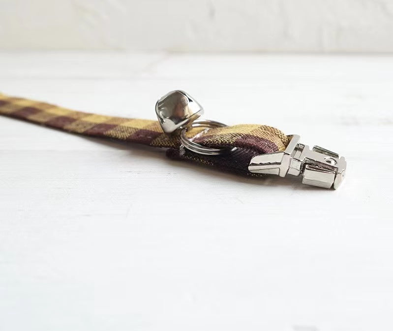 Plaid Pet Collar in brown-yellow, adjustable nylon collar with metal buckle
