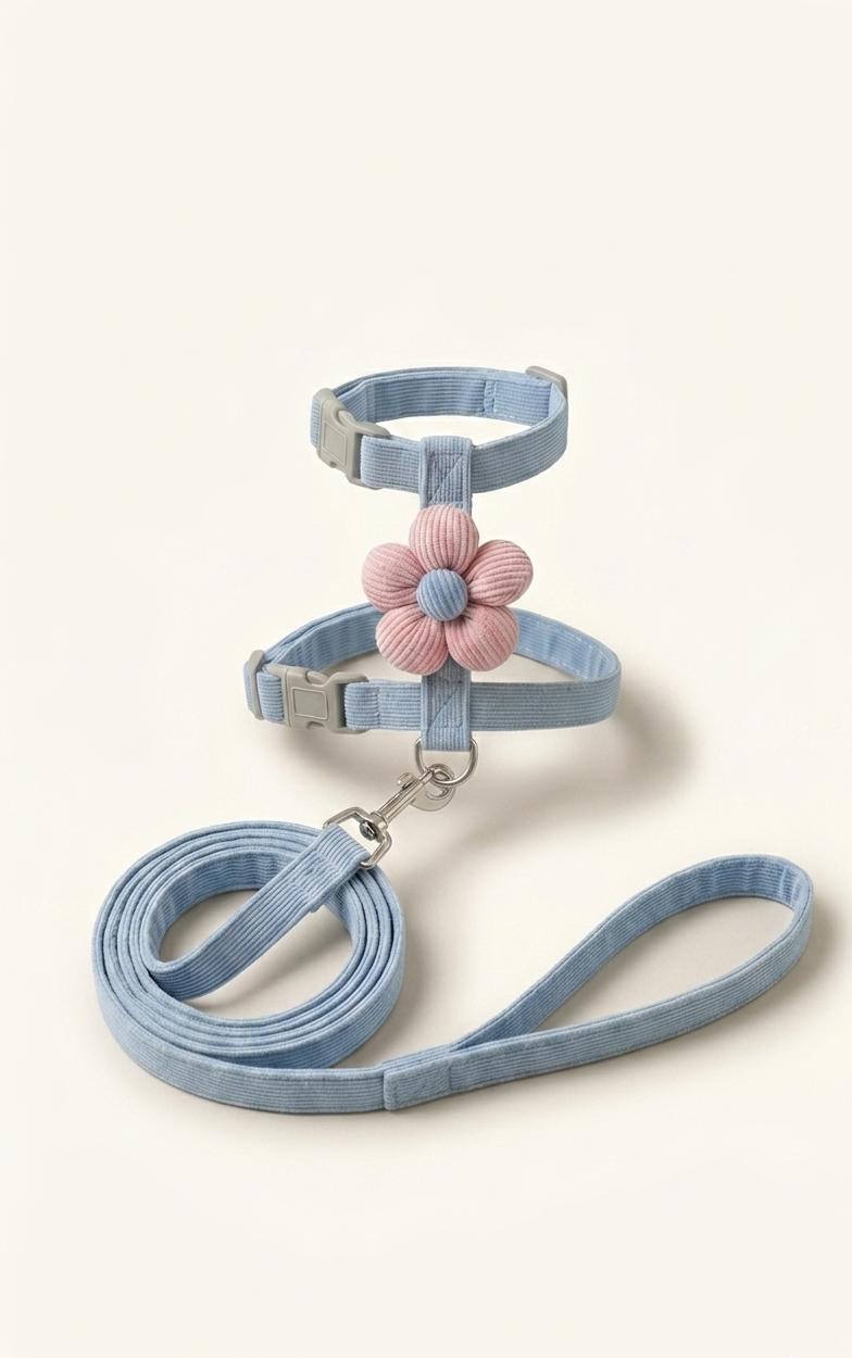 Flower Ribbed Cat Harness & Leash in blue