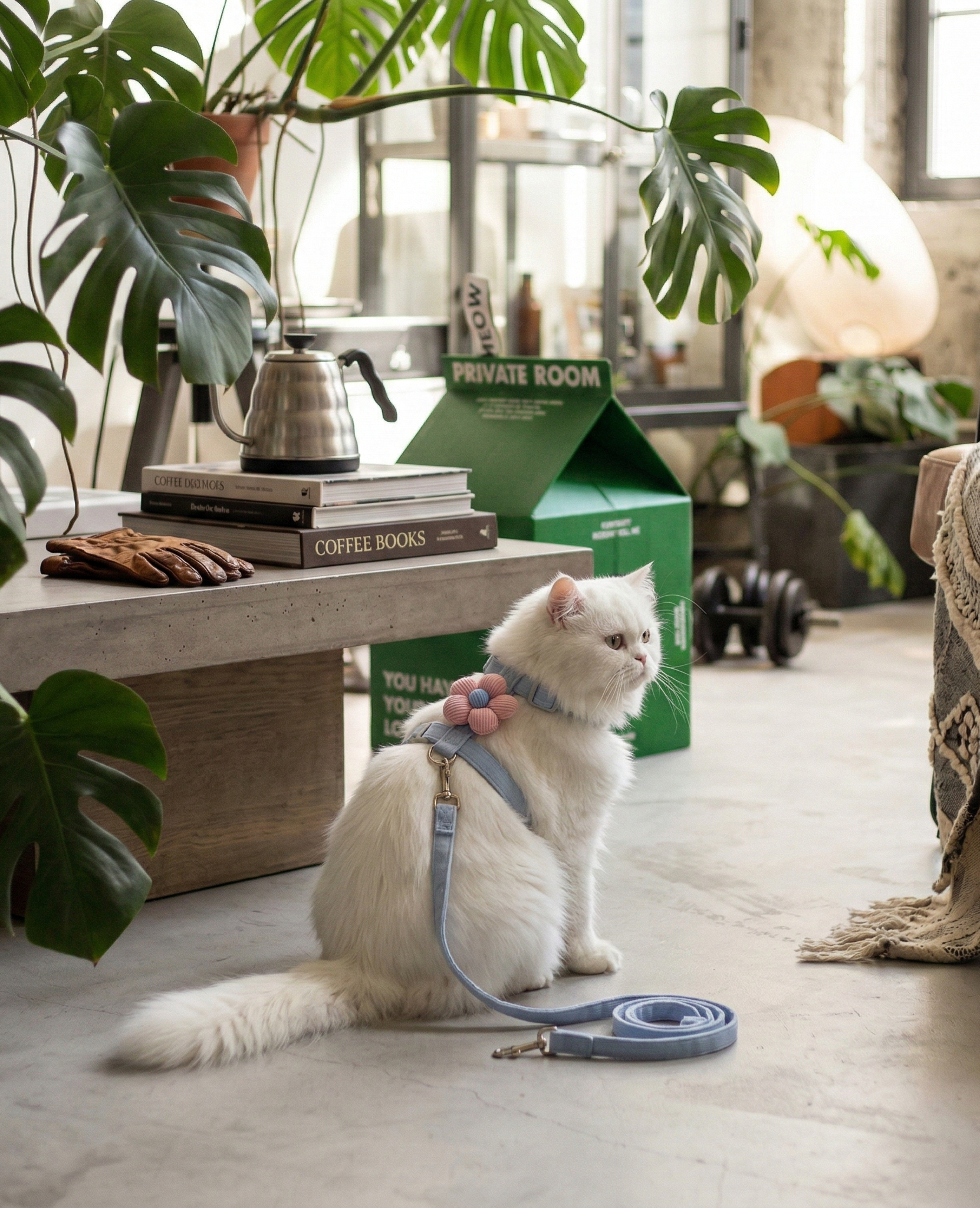 White cat wearing blue flower ribbed harness