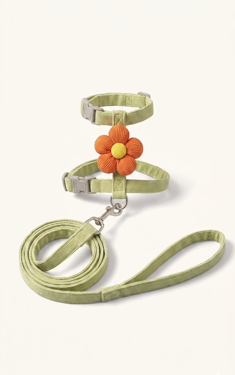 Flower Ribbed Cat Harness & Leash in green