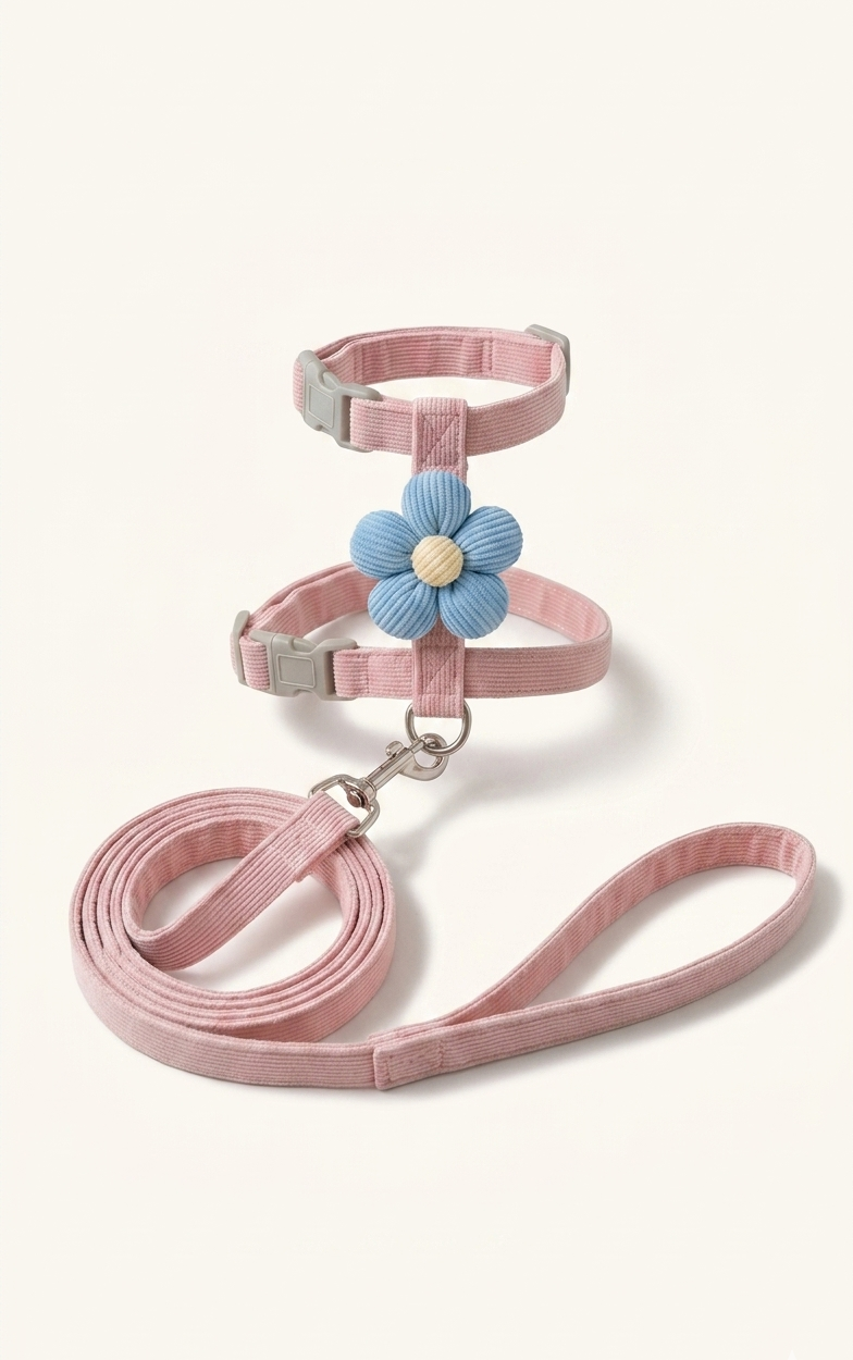 Flower Ribbed Cat Harness & Leash in pink