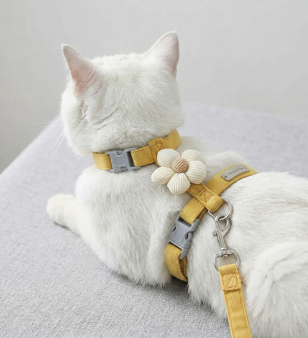 White cat wearing a yellow flower ribbed harness