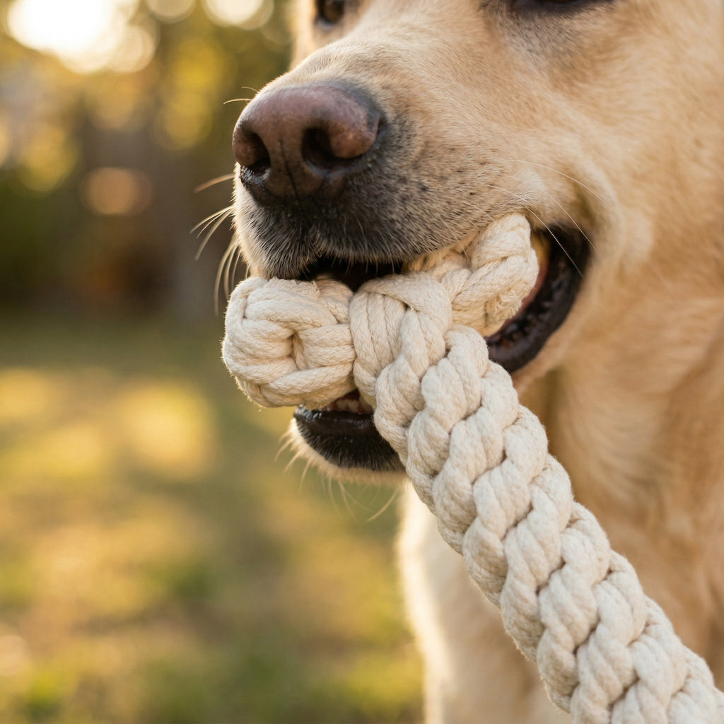 Dog chewing on the jumbo rope bone toy 