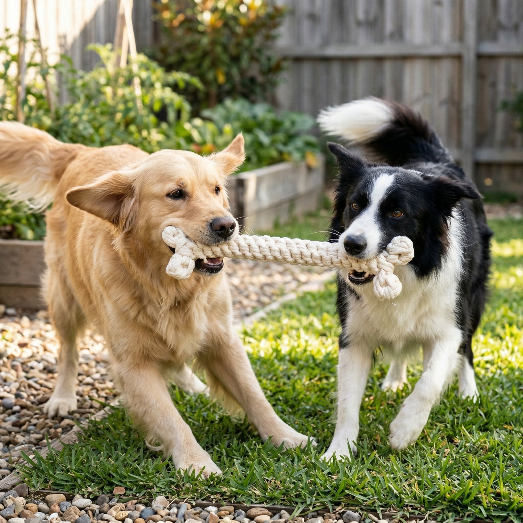 Two dogs playing with jumbo bone rope toy in a backyard