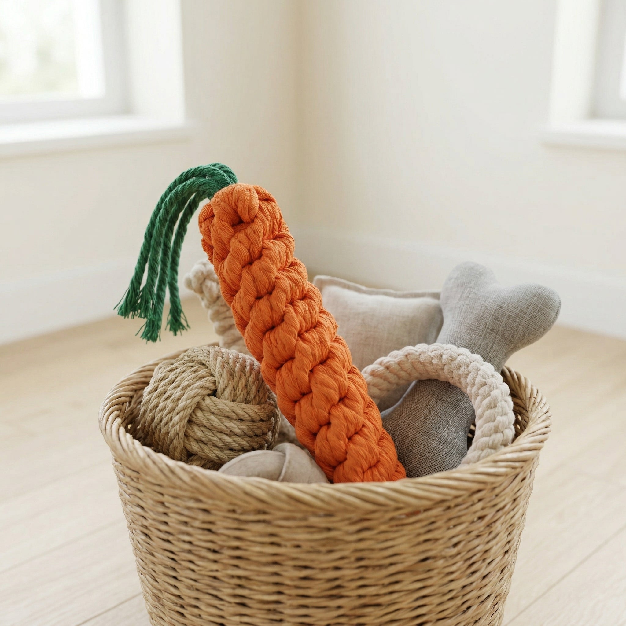 Handmade orange carrot-shaped rope toy for dogs