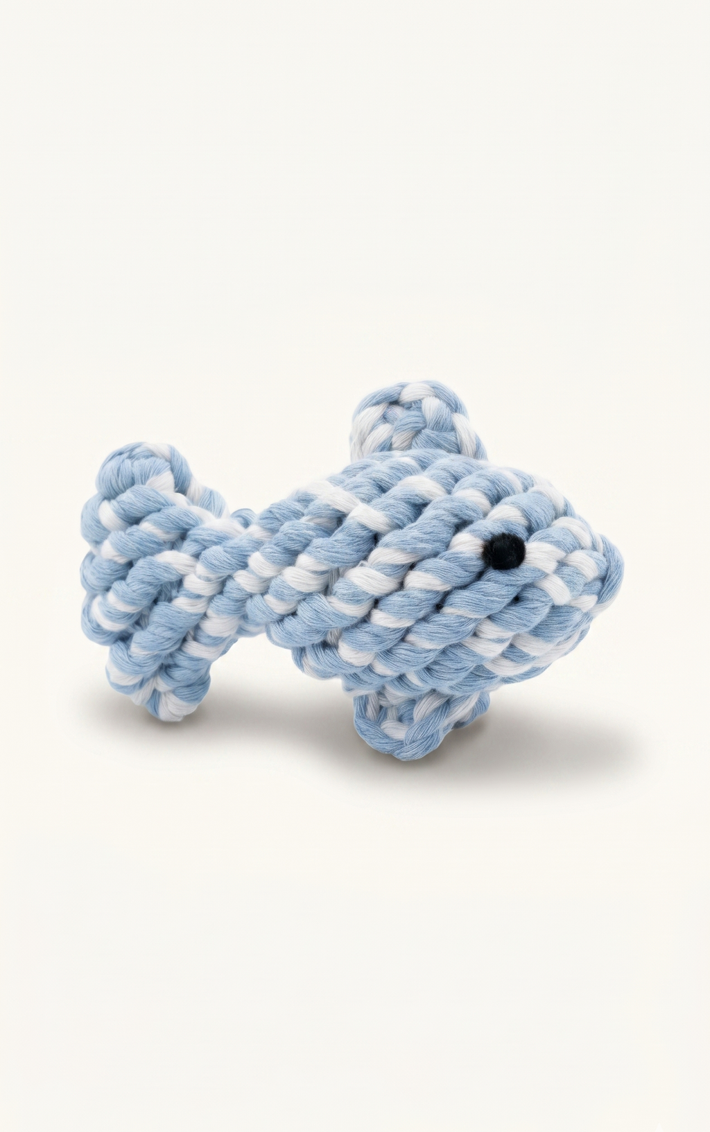 Cute hand knitted fish rope toy in blue and white 