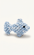 Cute hand knitted fish rope toy in blue and white 