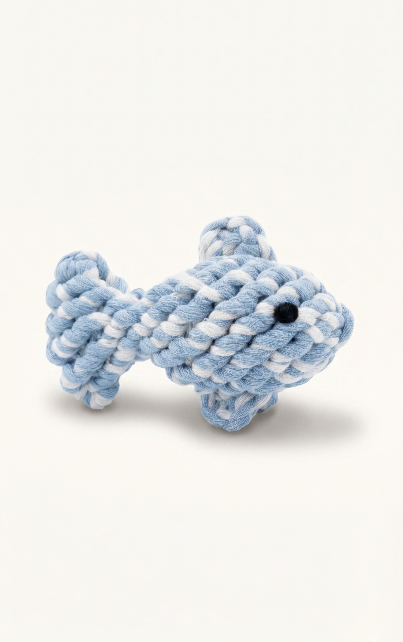 Cute hand knitted fish rope toy in blue and white 