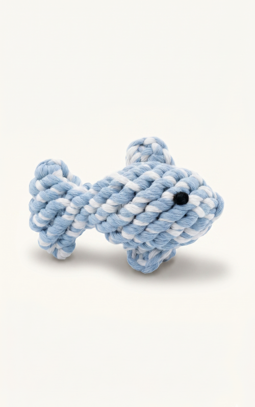 Cute hand knitted fish rope toy in blue and white 