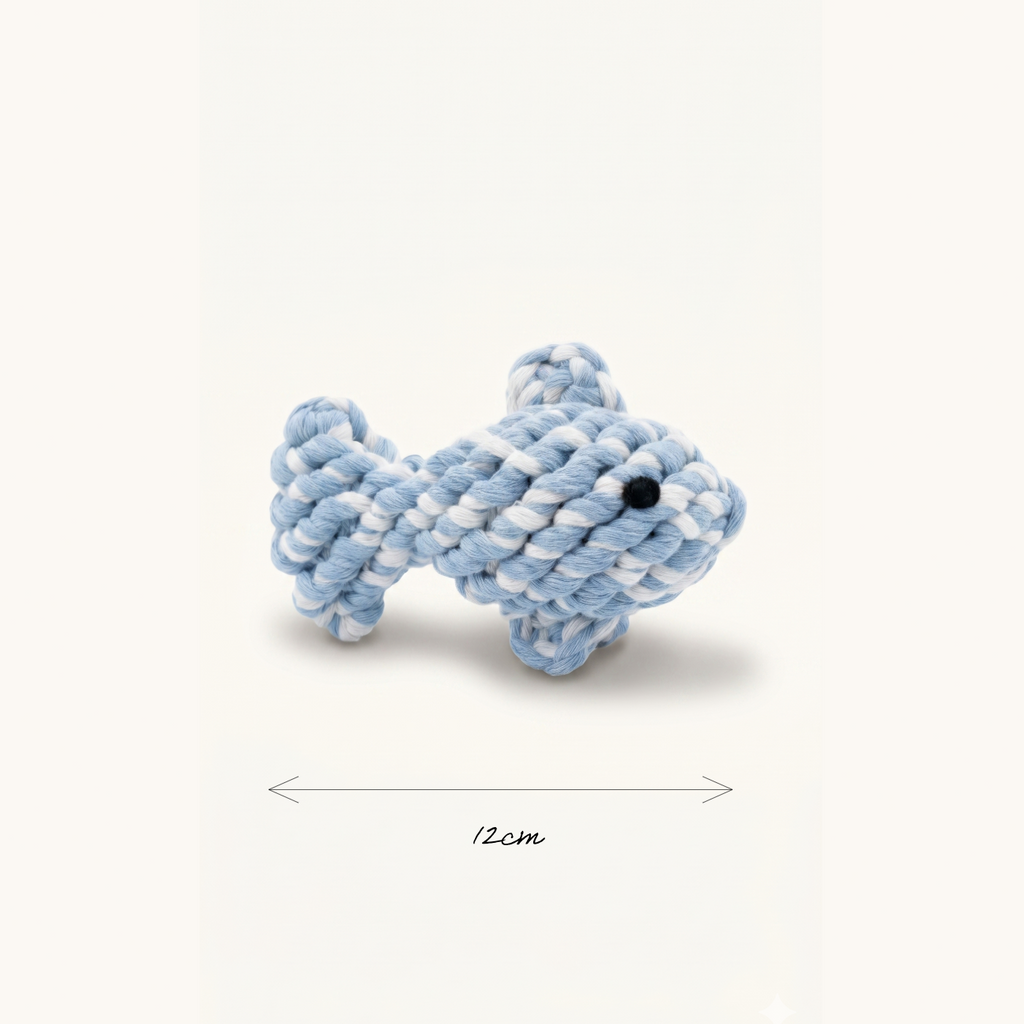 Cute hand knitted fish rope toy in blue and white with measurement