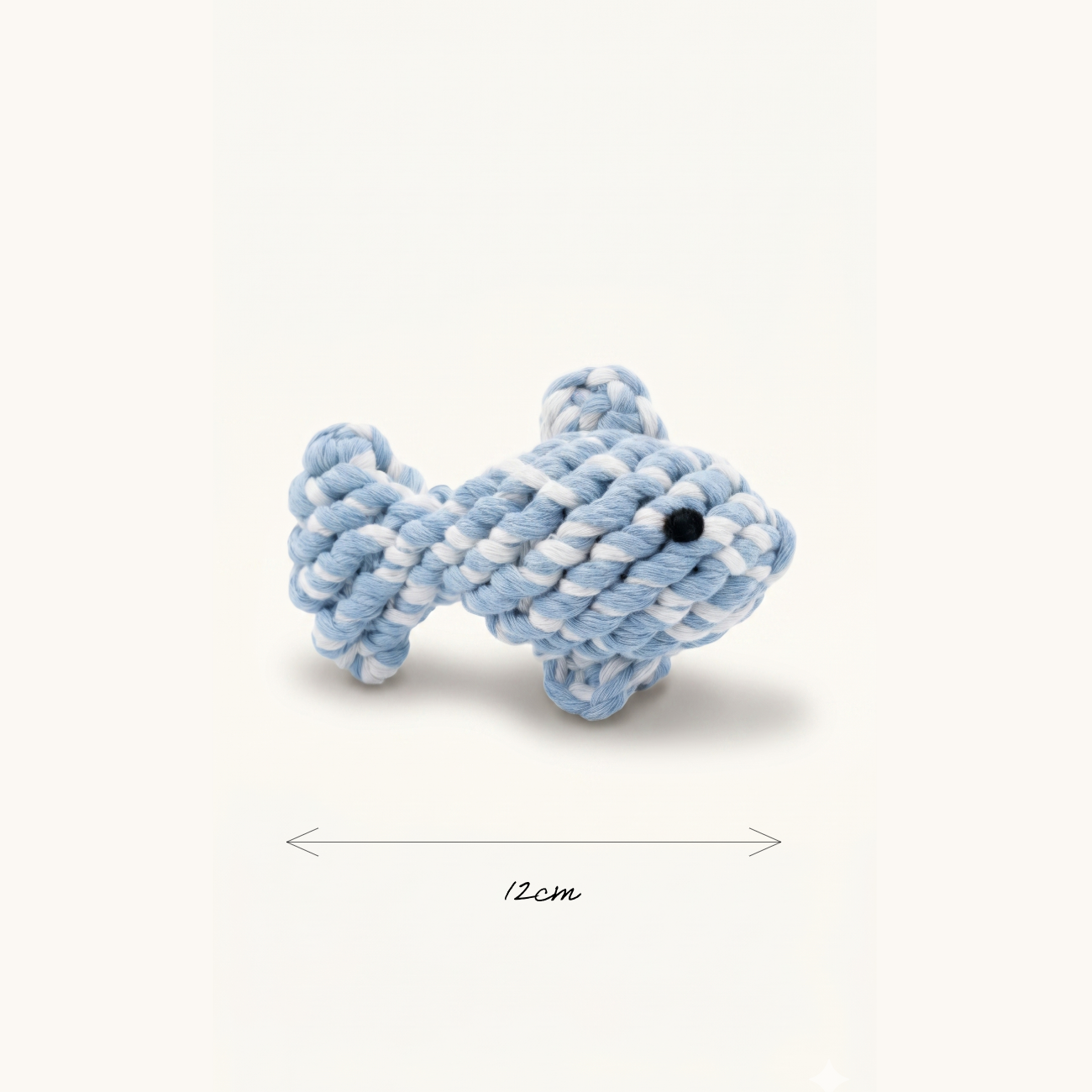 Cute hand knitted fish rope toy in blue and white with measurement