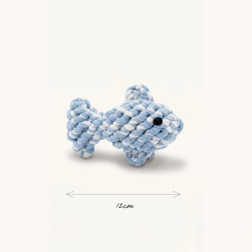 Cute hand knitted fish rope toy in blue and white with measurement