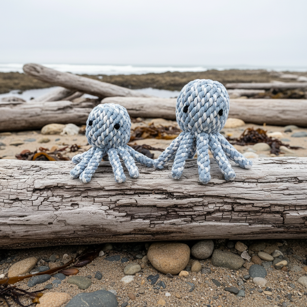 Cute knitted octopus rope toys by the beach.