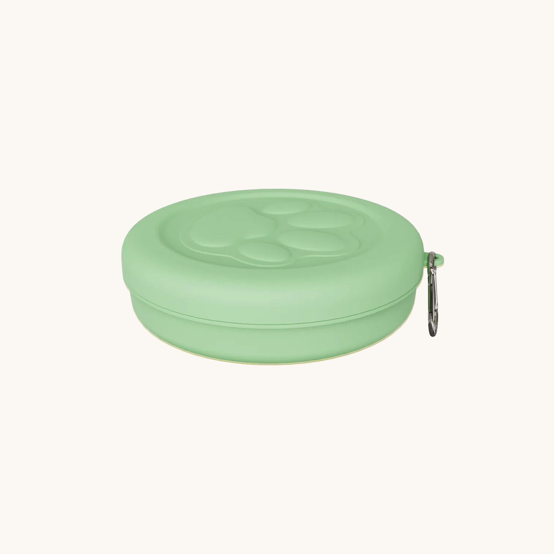 Green portable pet bowl clipped onto design suitable for hiking and camping