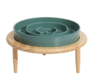 Teal green ceramic slow feeder with stand