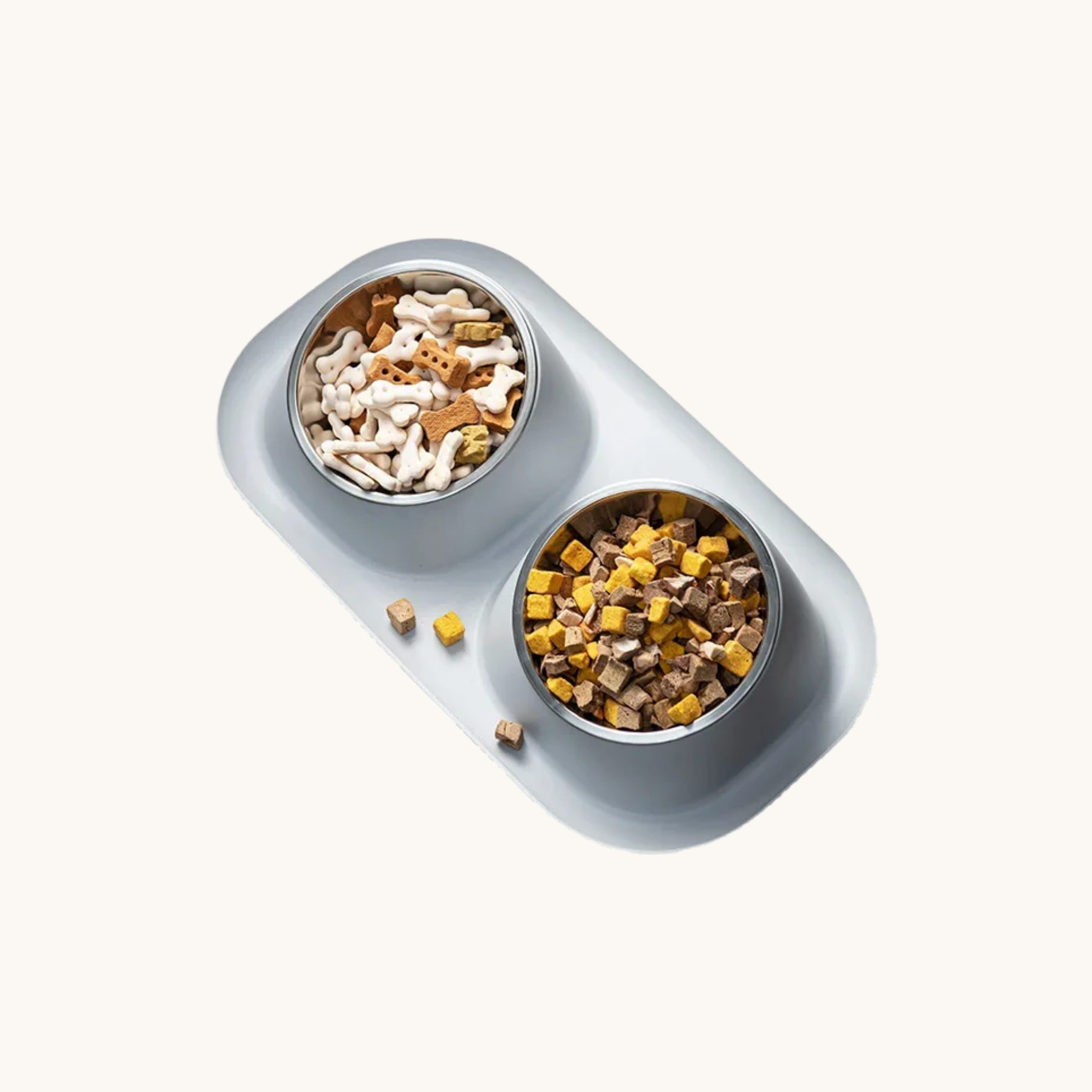 Twin pet food bowl filled with different food and snack