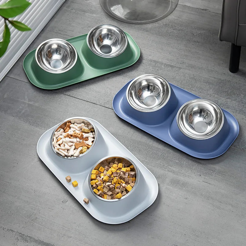 Twin Pet Bowls shown in all three colors — Ocean Blue, Cloud Gray, Meadow Green