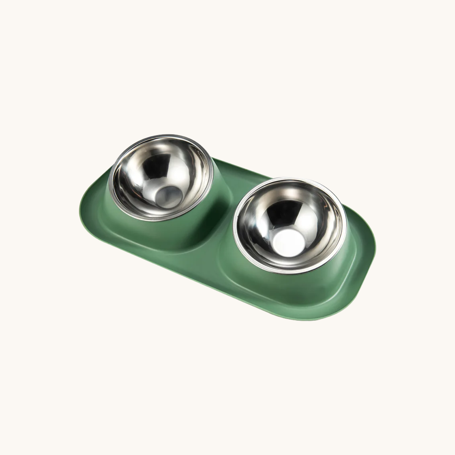 Twin Pet Bowls in meadow green, double stainless steel bowls on a shared base